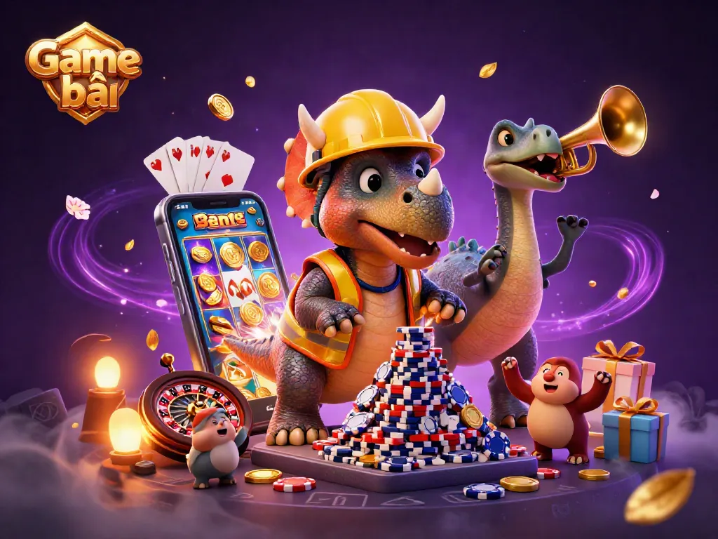 Engage in the vibrant world of Game bài with dynamic card games and celebratory characters.