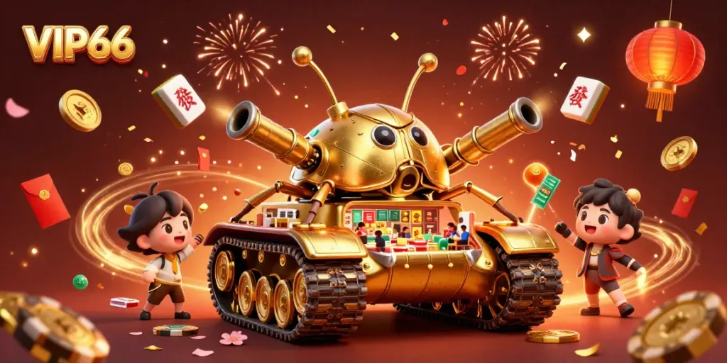 Experience VIP66's vibrant miniature casino within a golden beetle tank, bursting with festive elements.