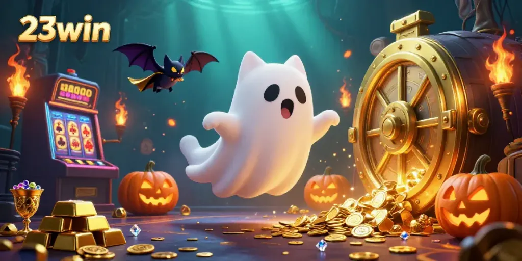 Experience thrilling slots with 23win's ghost cat in a haunted casino scene.