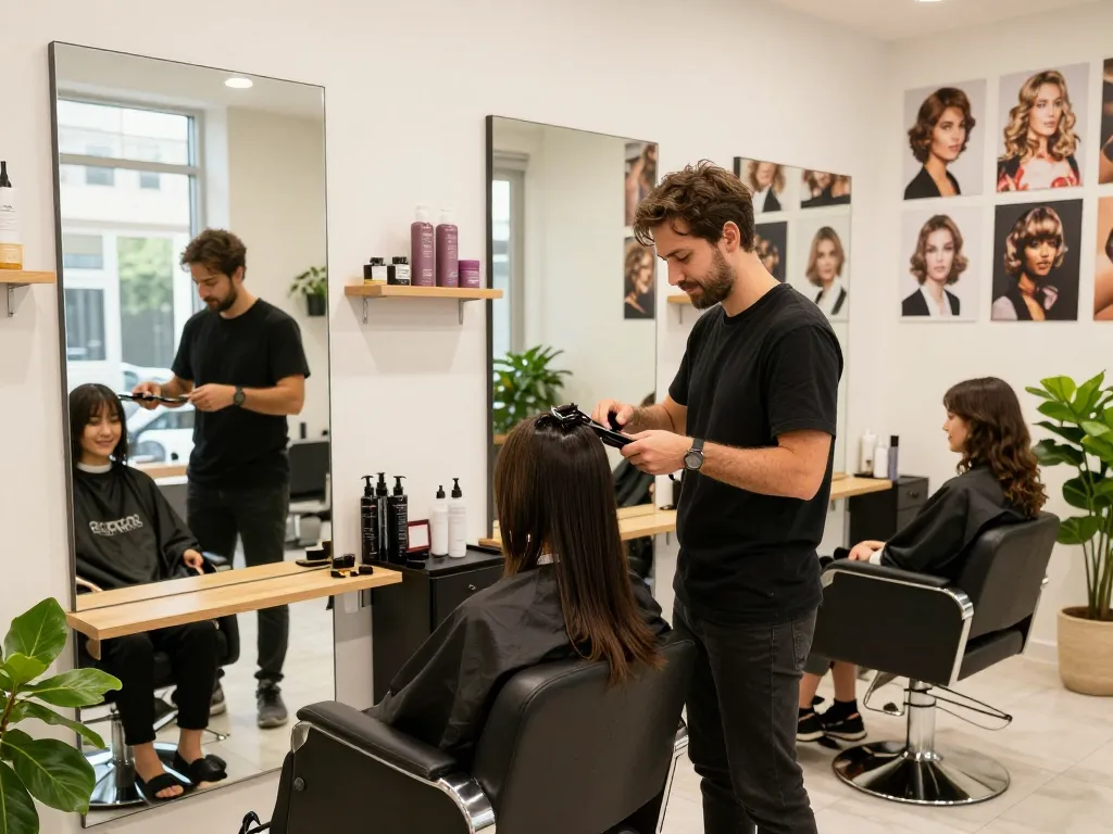 Hair salon near me featuring a skilled stylist cutting hair in a bright, welcoming interior.