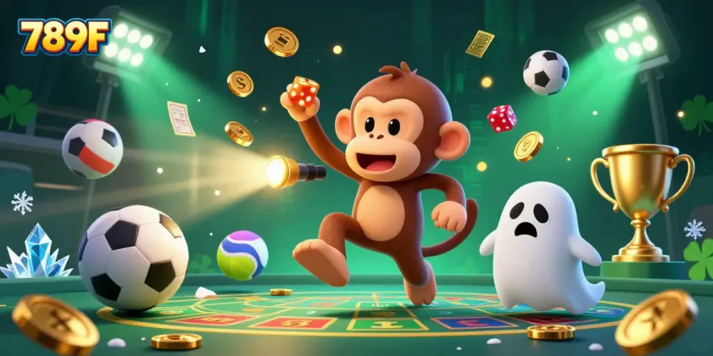 Experience thrilling moments at 789F with a playful poltergeist monkey and curious puppy in a bustling casino scene.