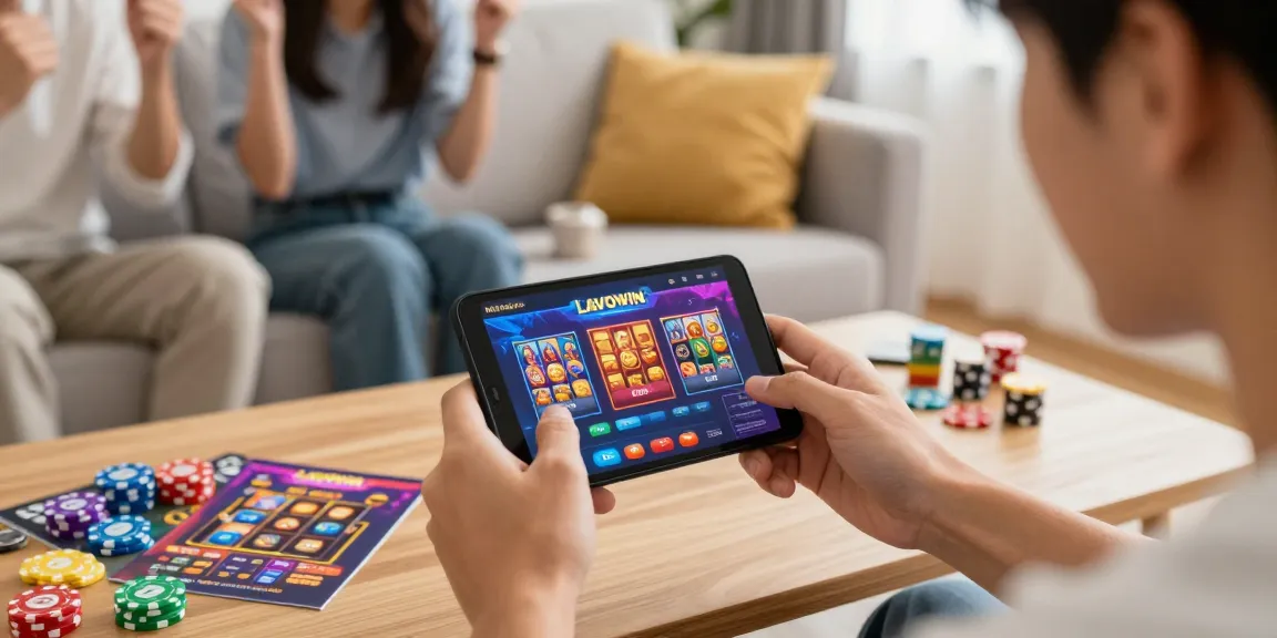 Player engaging with lavowin login on mobile device in a vibrant gaming setting.