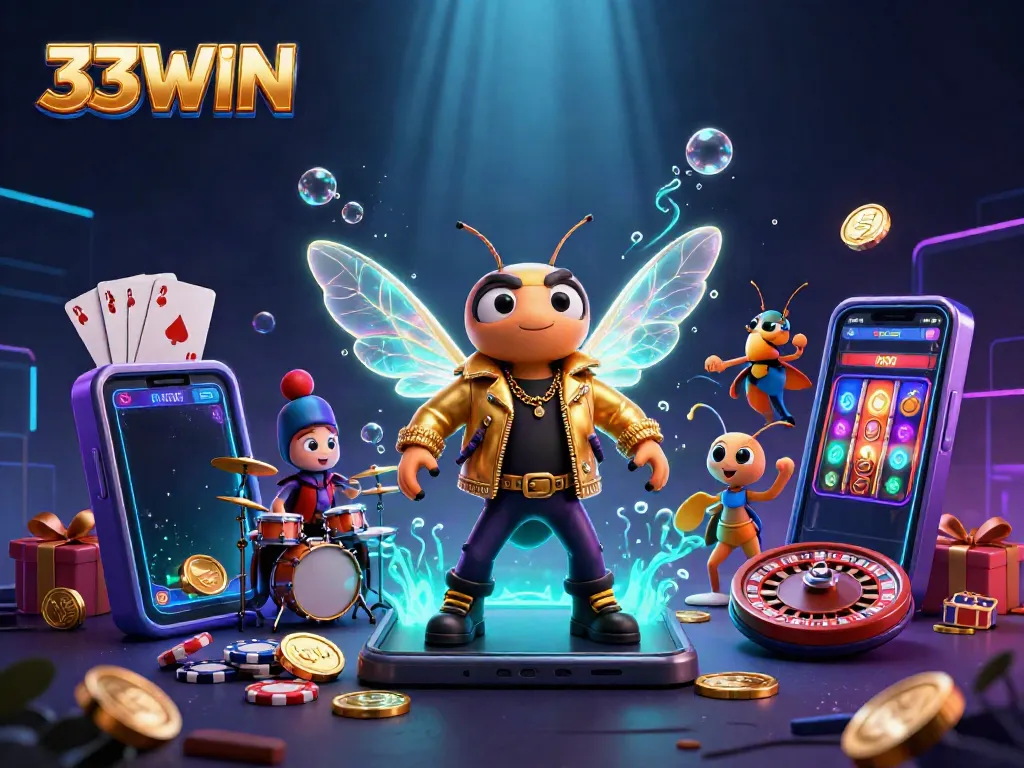 Experience thrilling gaming action at 33WIN with vibrant casino characters and iconic slot games.