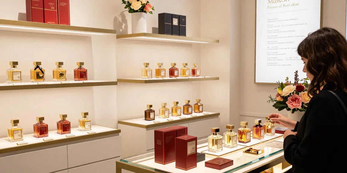 Maison Francis Kurkdjian (MFK) perfume display in an elegant boutique, inviting ambiance and diverse fragrances.