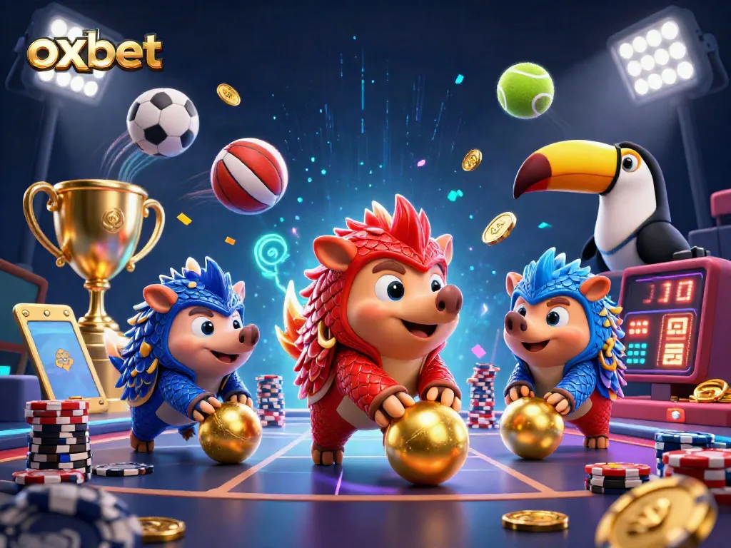 Spin the reels for big wins at OXBET, featuring a vibrant pangolin showdown with gold coins and sports elements.