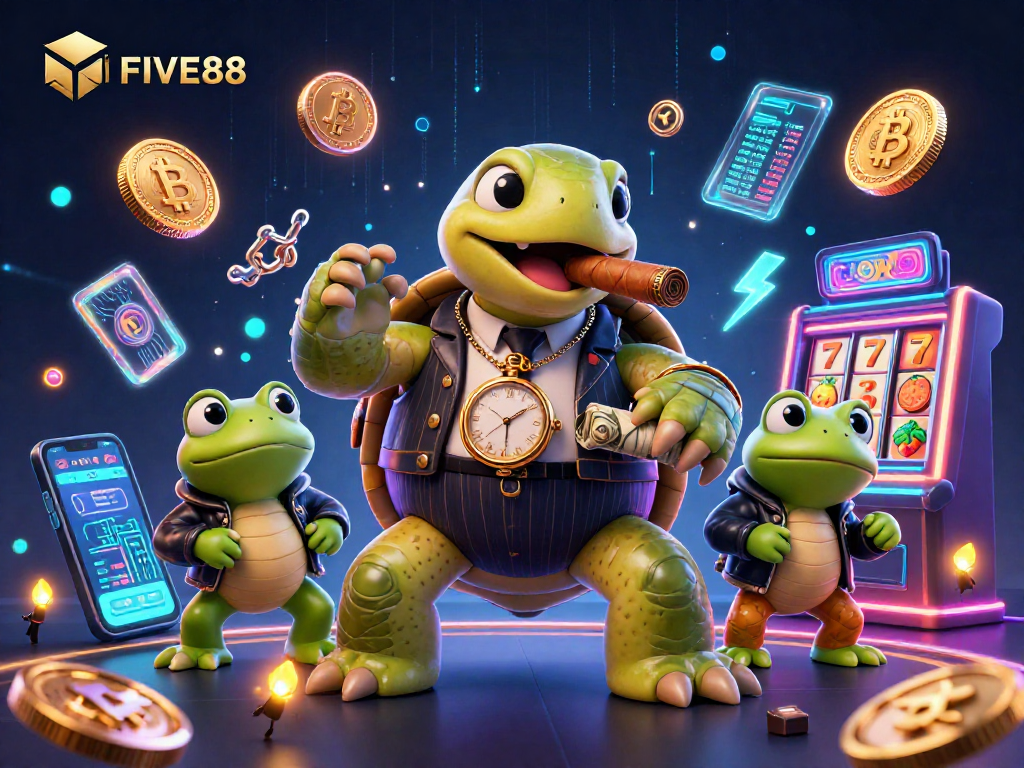 Engage with FIVE88's vibrant casino scene featuring a turtle mobster and bullfrog enforcers.