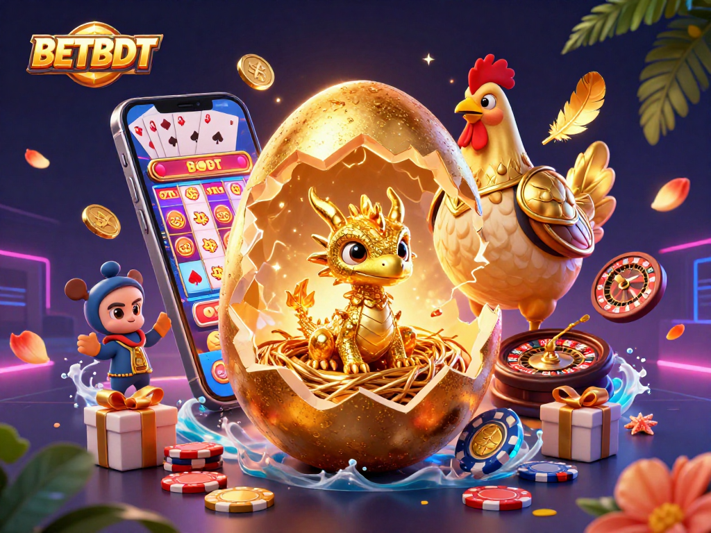 BETBDT captures excitement with a baby dragon revealing golden treasures on poker chips amidst vibrant casino elements.