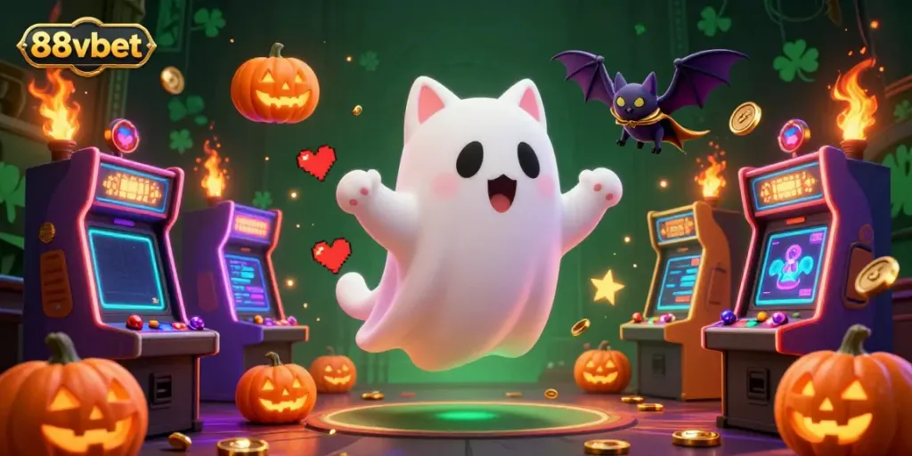 Interactive casino scene with 88vbet's ghost cat and vampire bat amidst vibrant gaming elements.