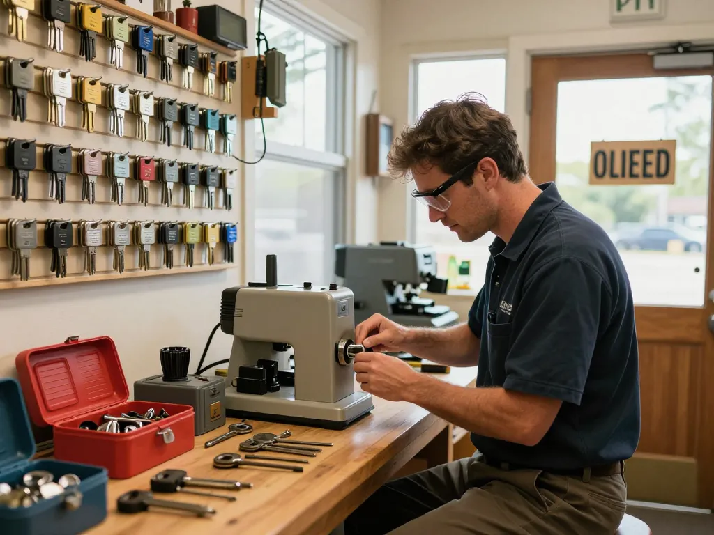 Locksmith in Vero Beach repairing high-security locks in a cozy workshop filled with tools.