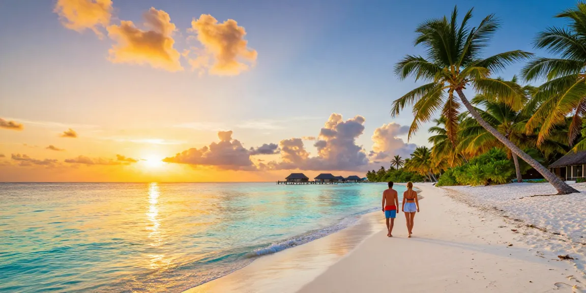 Luckywin travel guide showcasing a stunning tropical beach vacation scene with golden sands and palm trees.