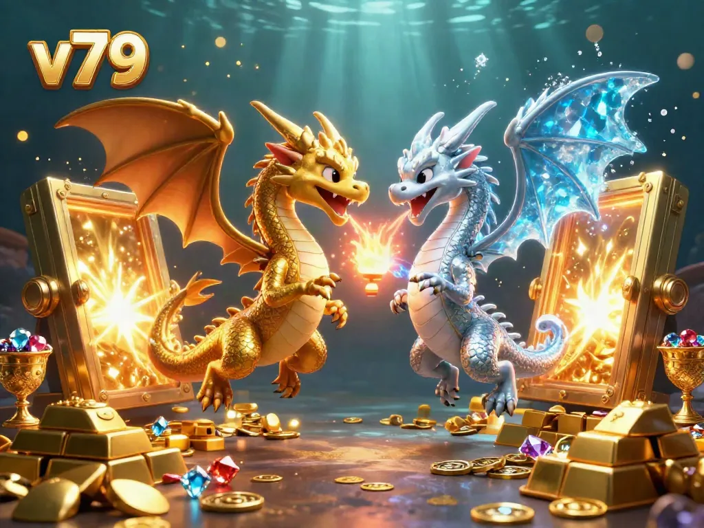 Engage in v79 gaming adventures with dynamic dragons and treasure amidst vibrant casino elements.
