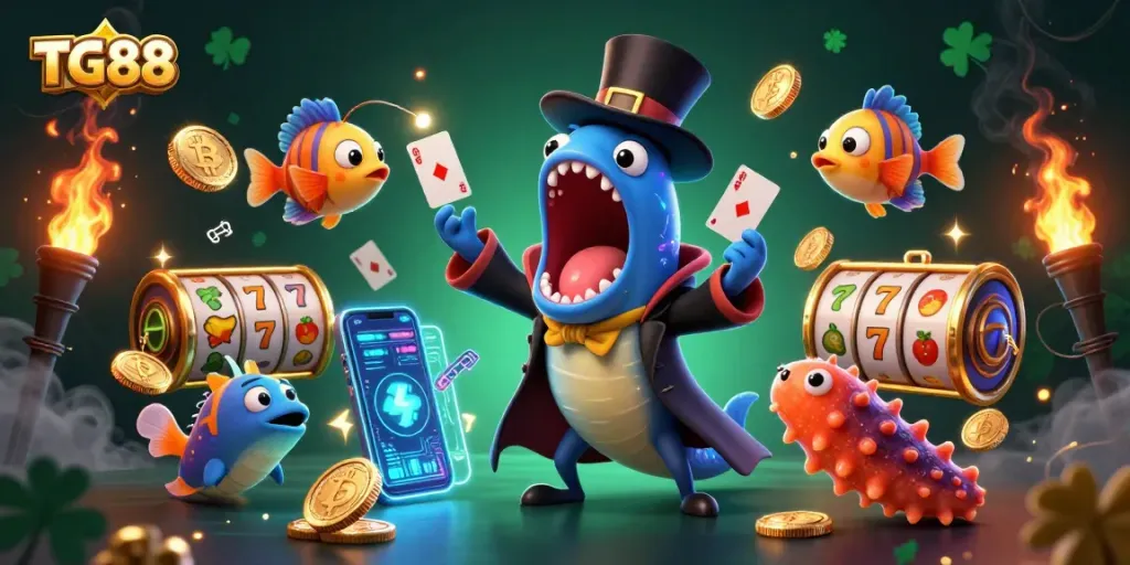 Gamble with TG88's 3D casino illustration featuring magical sea creatures and vibrant slot elements.