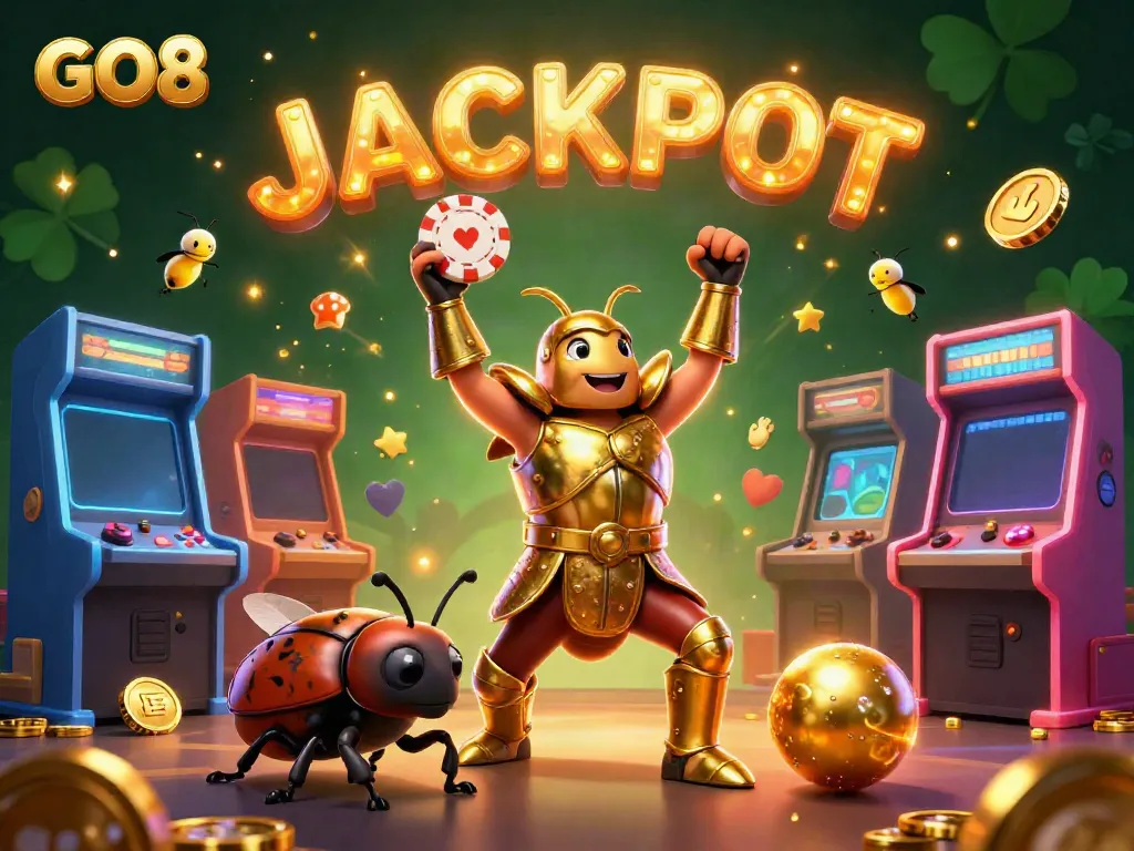 GO8 characters celebrate a jackpot win amidst vibrant casino-themed elements, showcasing exciting gambling action.