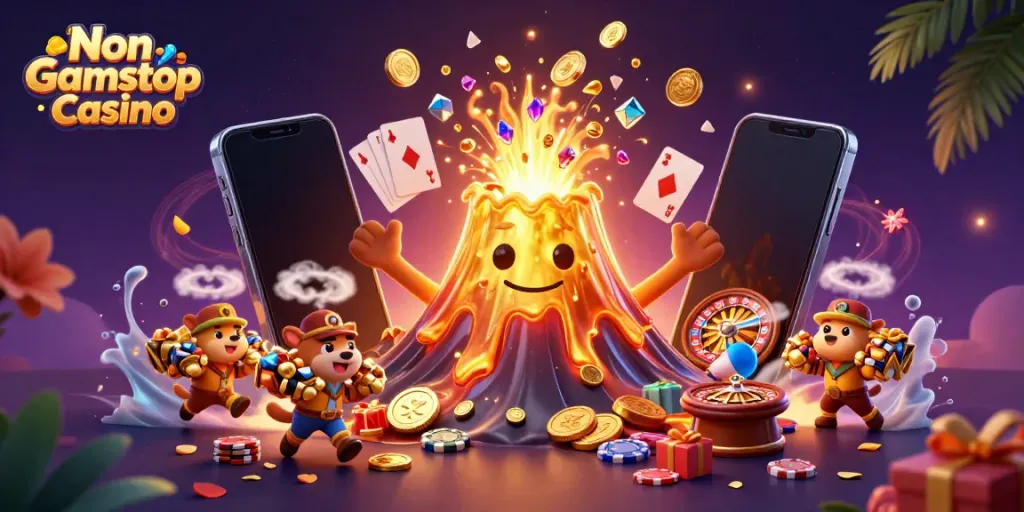 Engage in thrilling gameplay at Non Gamstop Casino with vibrant illustrations of a golden volcano and treasure.