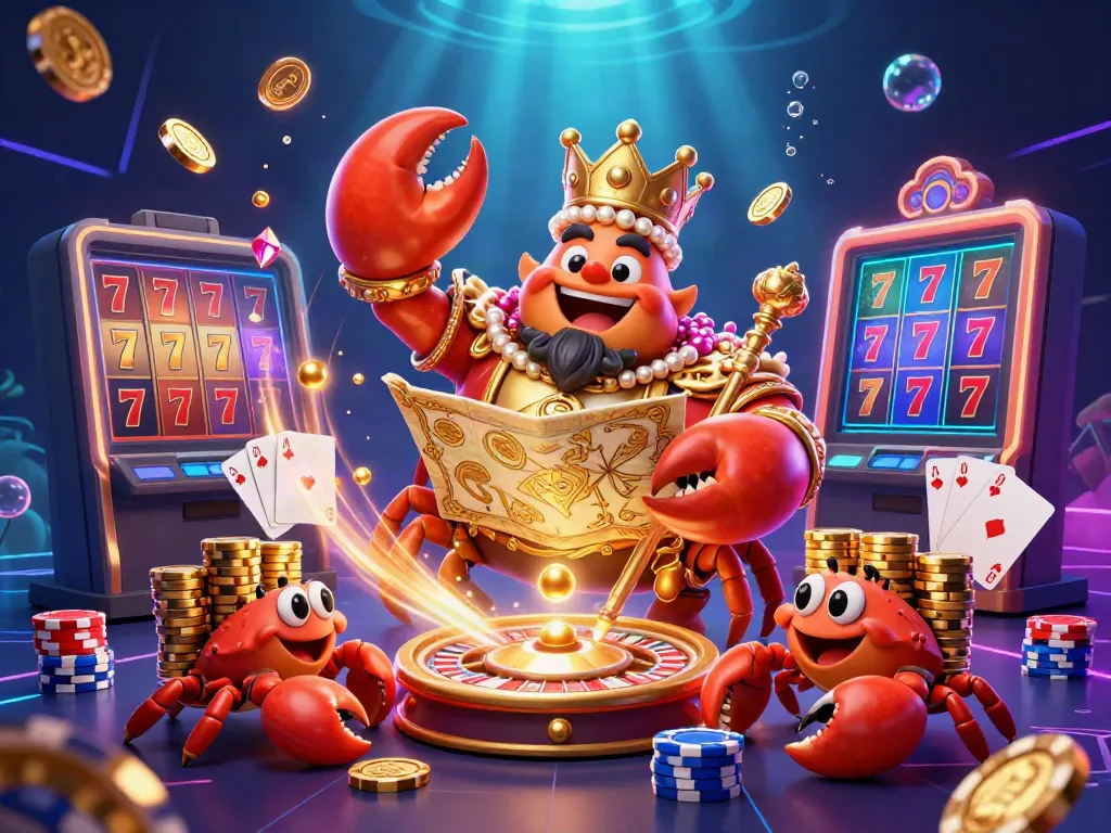 Experience the thrill of slot games with the crowned crab emperor and colorful casino elements in action.
