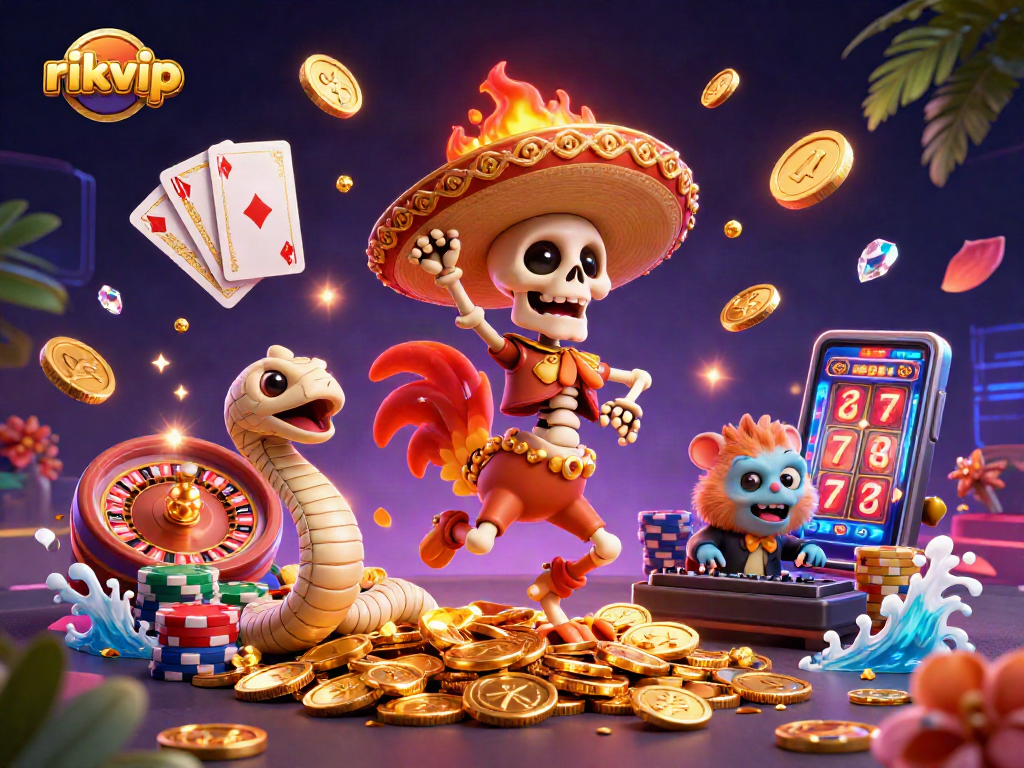 Spin the reels on rikvip with a festive mariachi rooster and treasures galore in this vibrant casino scene.