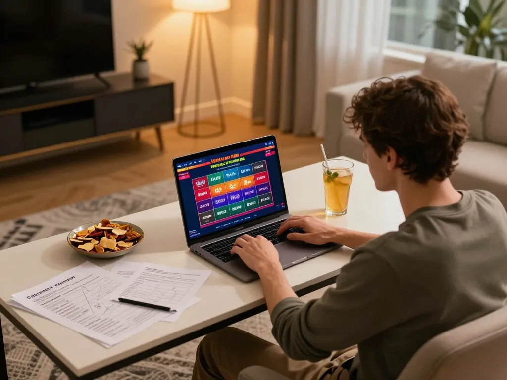 Engaged player at home using go8 online casino platform with vibrant gaming interface.