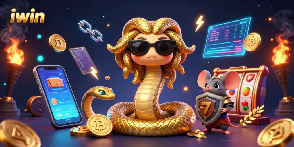 iwin showcases a vibrant 3D illustration of gaming excitement with Medusa and casino elements.