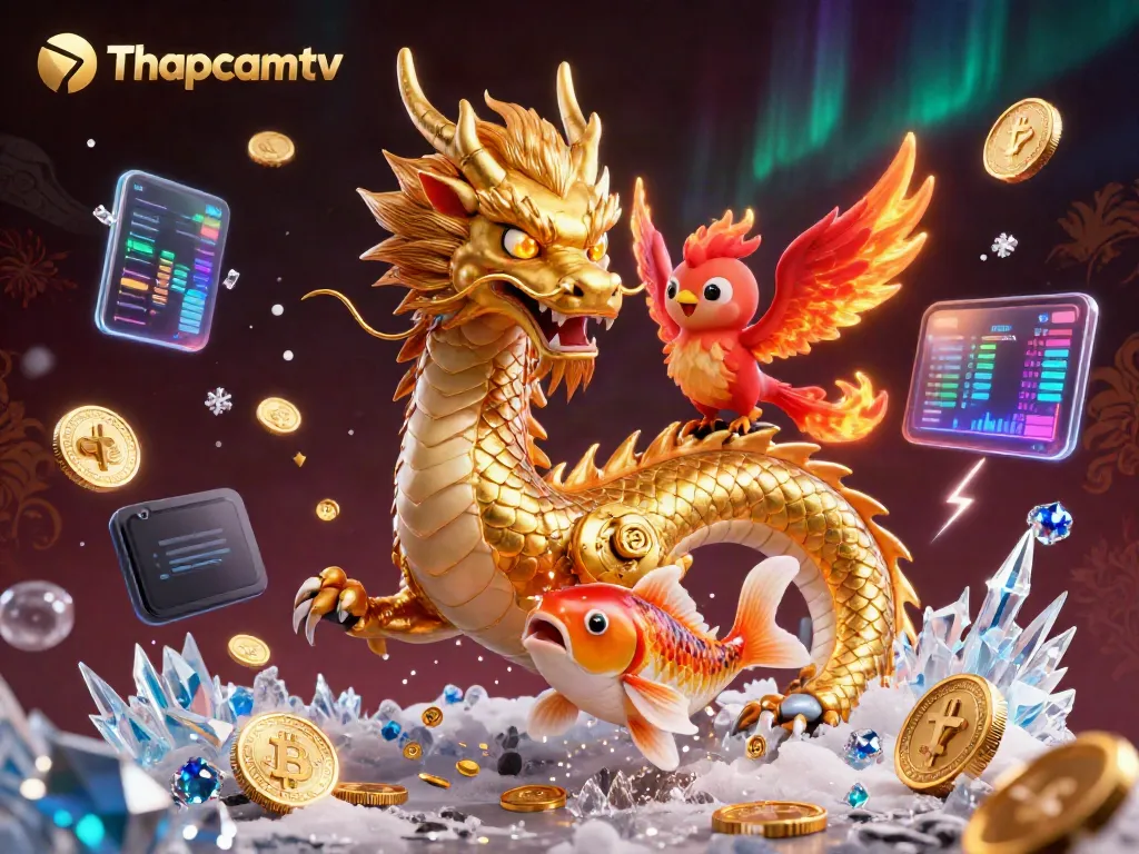 Experience the thrill with Thapcamtv, where a golden dragon and flaming phoenix celebrate winning moments amidst digital coins and charts.