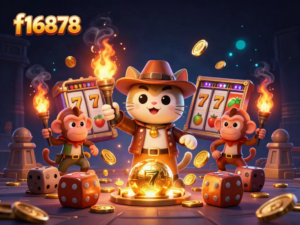 Engage in thrilling casino adventures with f16878 in this dynamic scene featuring an explorer cat discovering treasures.
