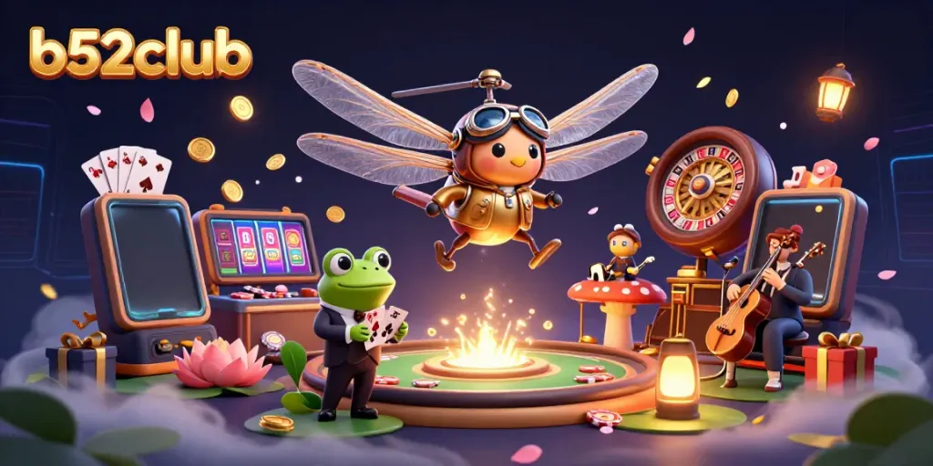 Engage with b52club's vibrant gaming scene featuring a dragonfly pilot and thrilling casino action.