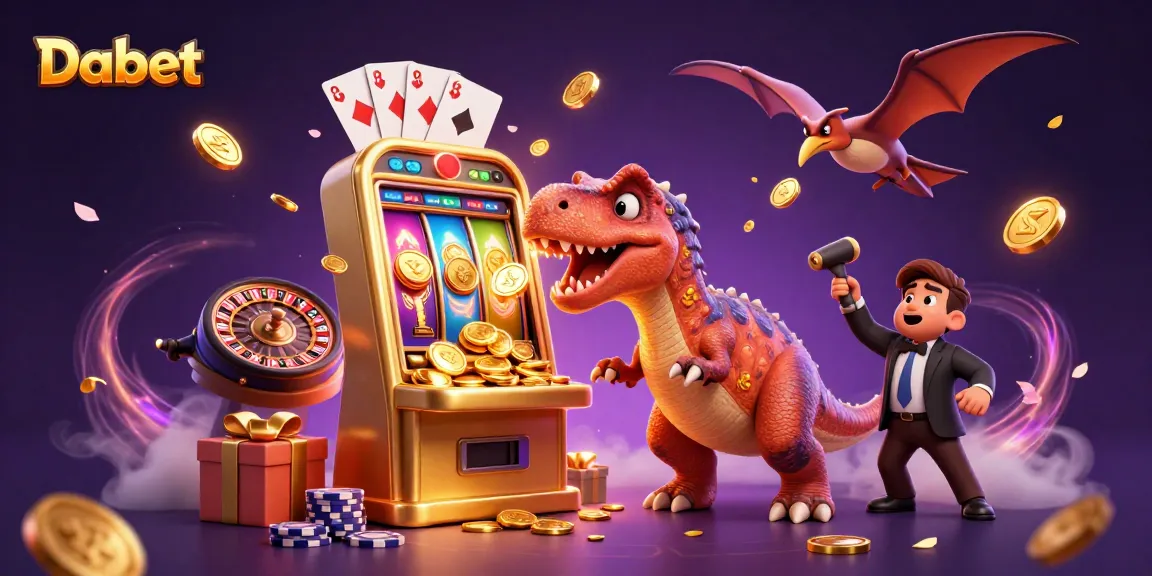 Dabet showcases a pachycephalosaurus winning jackpot coins in a vibrant casino scene.