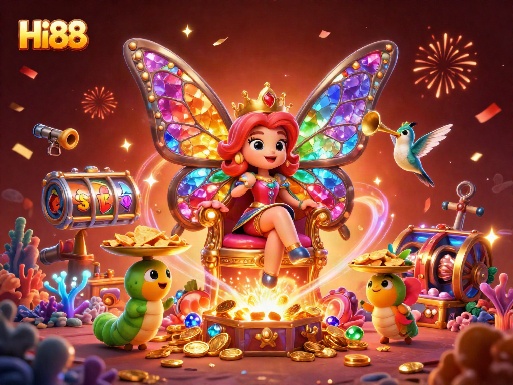 Experience thrilling gaming with Hi88's vibrant 3D casino illustration featuring dynamic elements.
