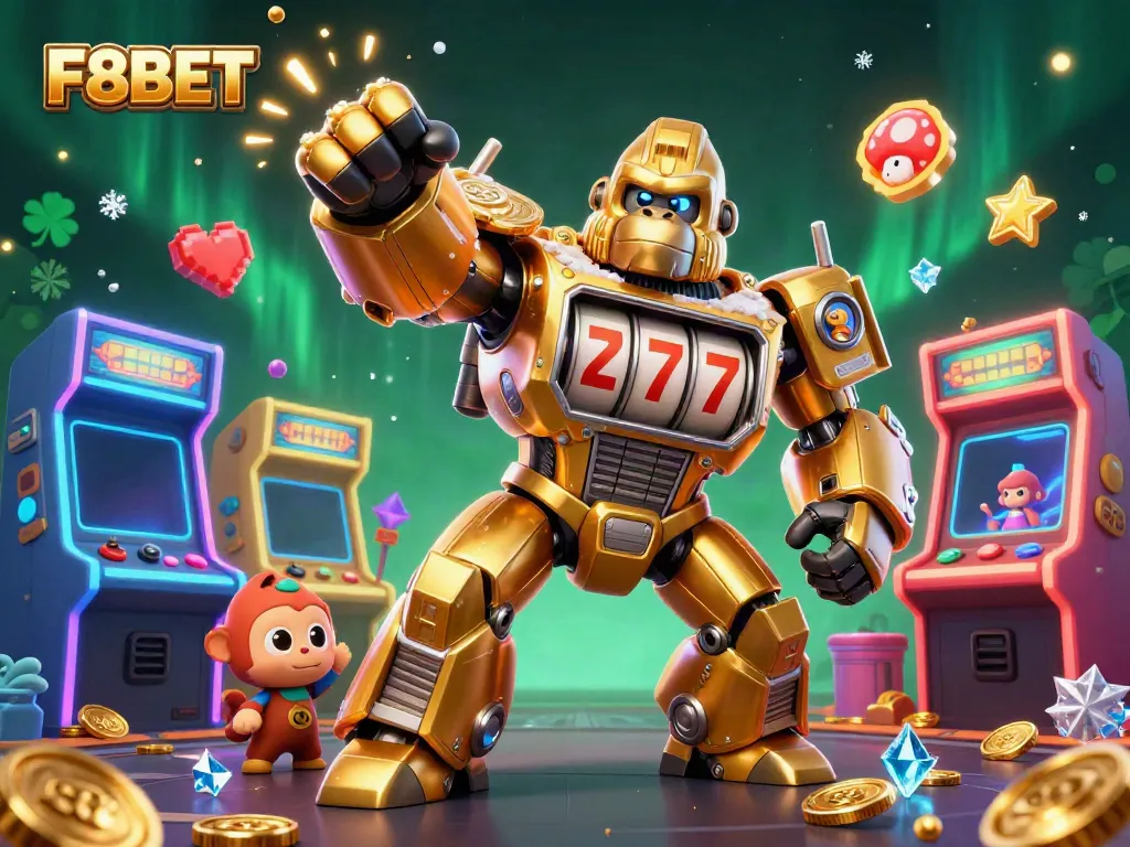Experience F8BET's thrilling gaming world with a vibrant 3D gorilla mech and dynamic casino elements.