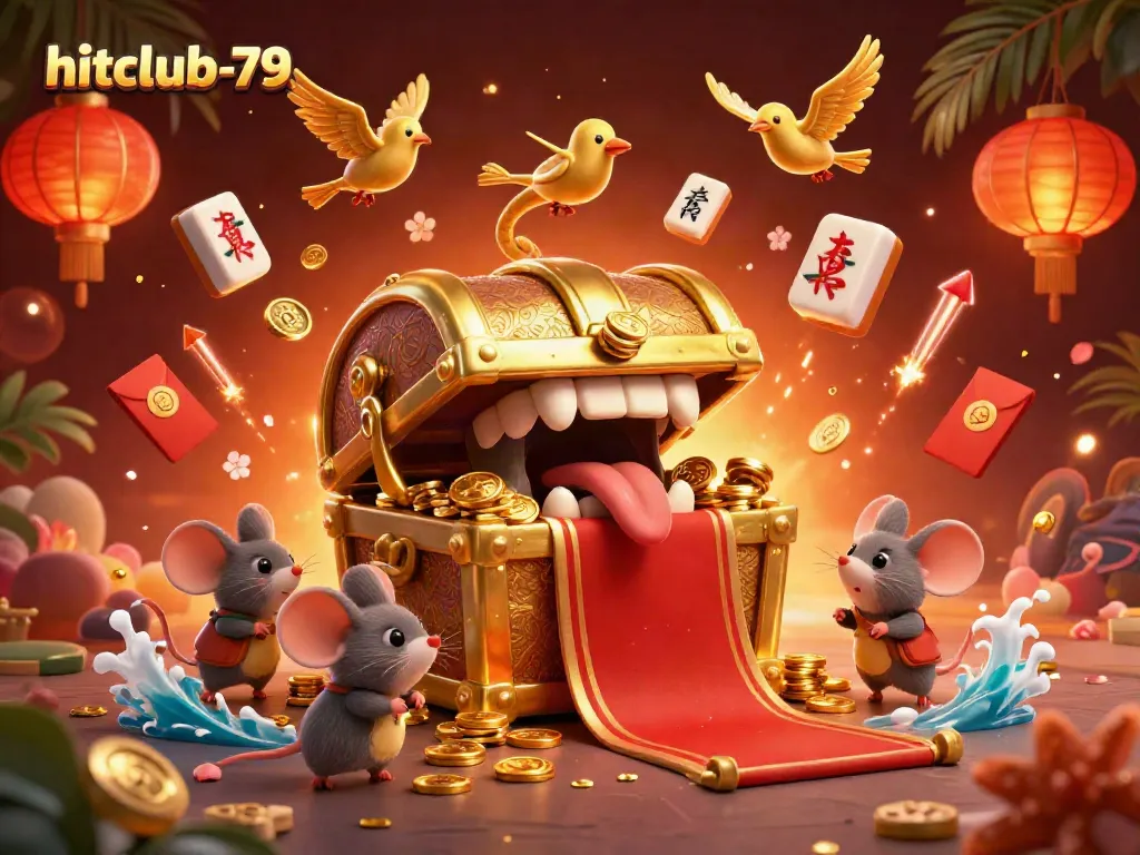 Experience magical thrills at hitclub-79 with a golden treasure chest and festive casino elements.