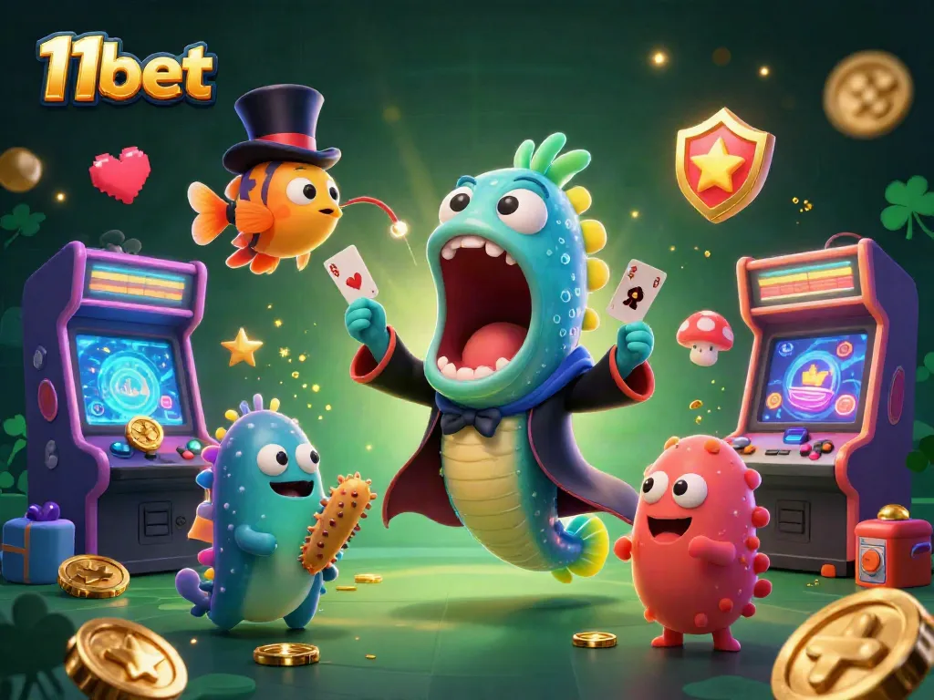 Experience thrilling card tricks at 11bet as characters perform magic in a vibrant casino scene.