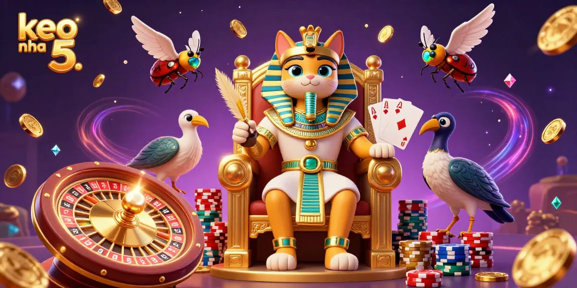 Engage with keo nha cai 5 in this vibrant 3D illustration of a pharaoh cat in a dynamic casino setting.