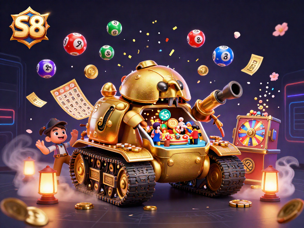 S8 captures thrilling lottery vibes with vibrant scenes of playful balls and festive casino elements.