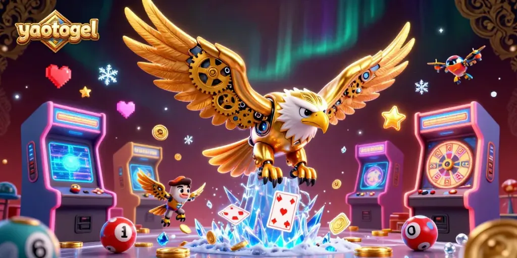 Engage with yaotogel through a vibrant 3D illustration of a golden eagle diving amidst thrilling lottery elements.