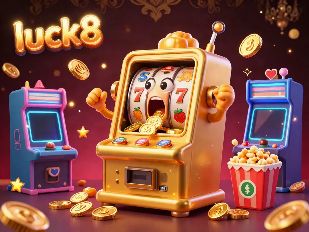 Experience the excitement of luck8 as the golden slot machine hits a jackpot, showering coins amidst cheering friends.