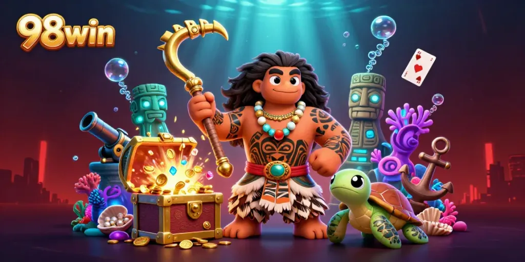 Engage with the vibrant world of 98win, featuring cartoon characters and casino elements in action.