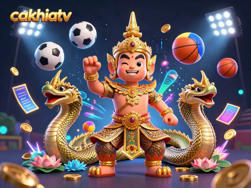 Enjoy dynamic sports action with cakhiatv featuring colorful sports balls and vibrant characters.