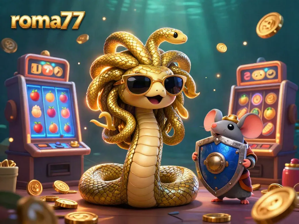 Menang saat bermain slots di roma77 dengan Medusa dan pahlawan mouse berlatarkan mesin slot berkilau.
