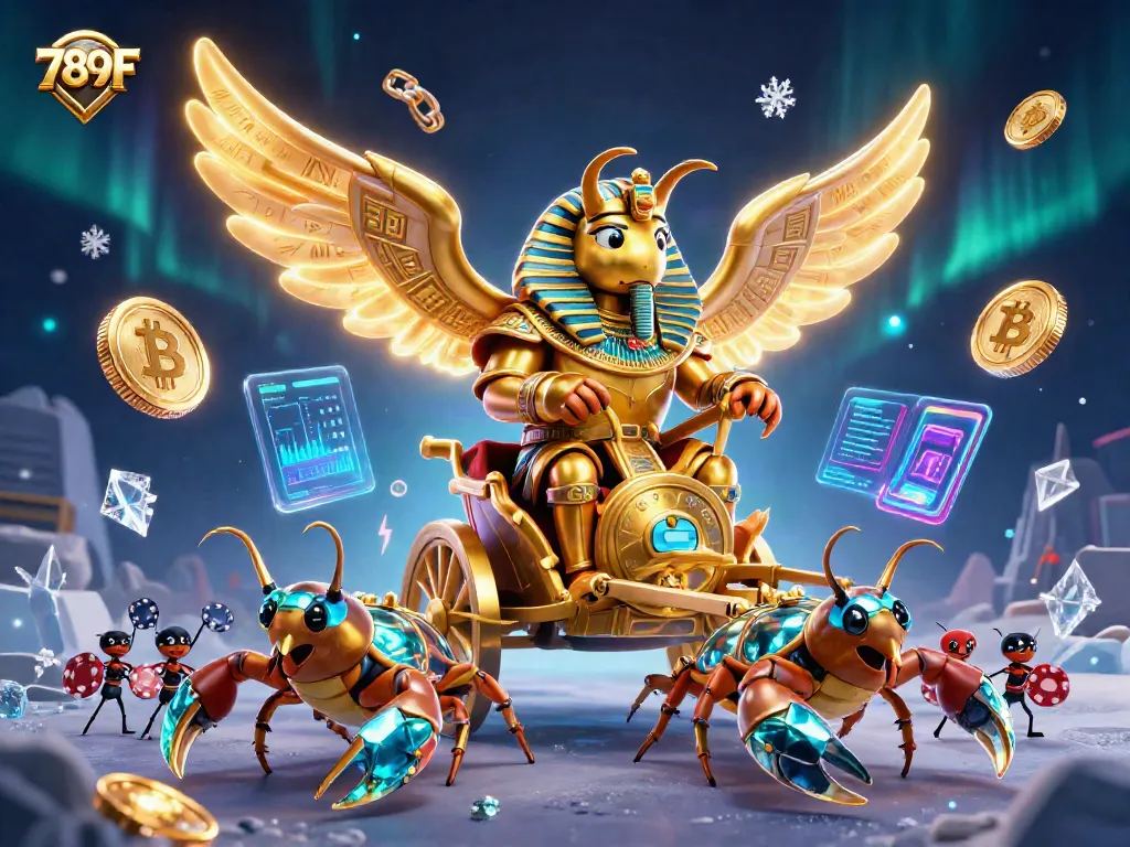 Engage with 789F's vibrant casino scene featuring a golden beetle and scorpions amidst dynamic gaming elements.