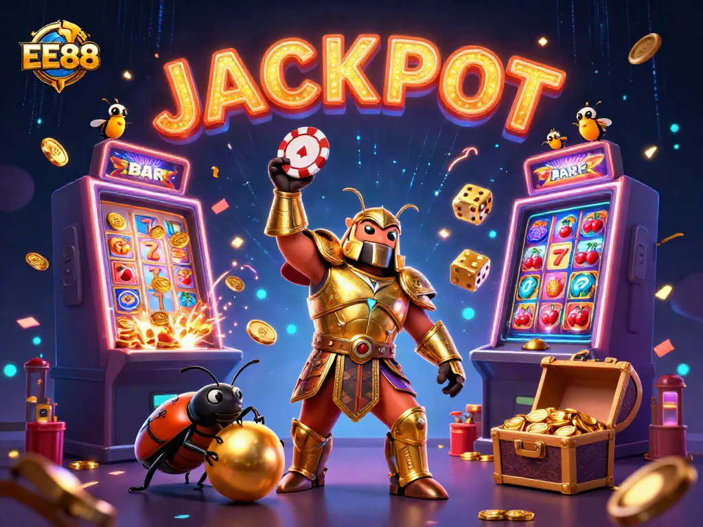 Spin the reel for big wins with EE88's vibrant casino scene featuring jackpots and animated characters.