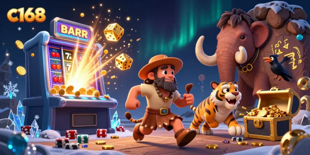 Experience the excitement of c168 in a prehistoric casino with vibrant characters, games, and jackpots.