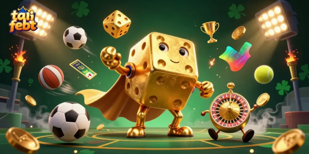 Experience the excitement of tai febet with a vibrant 3D illustration of a golden dice golem.