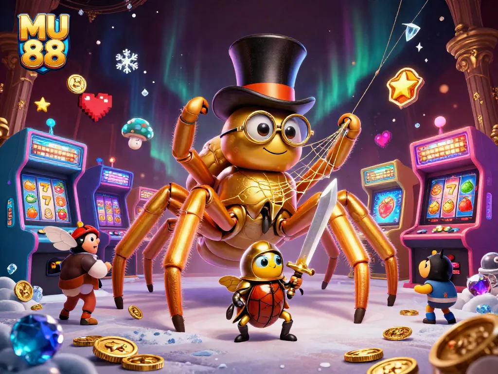 Experience MU 88's thrilling casino adventure with a golden tarantula, beetle knight, and vibrant gaming elements.
