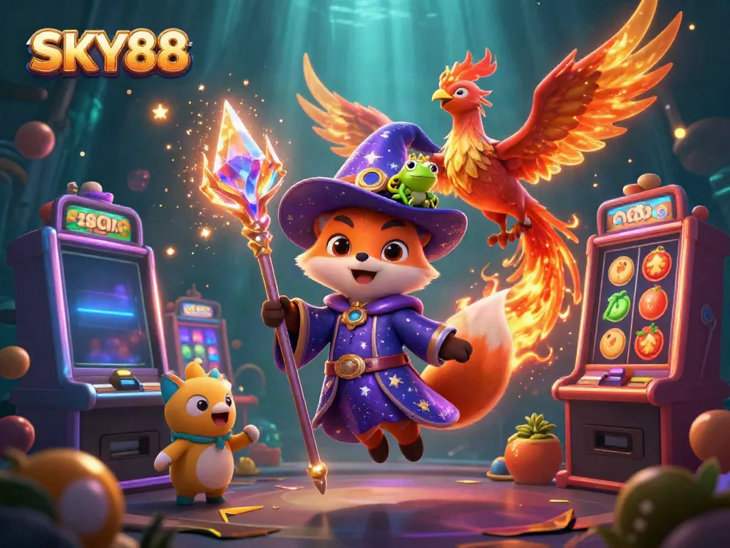 Engage with SKY88 in this vibrant 3D scene featuring playful casino elements and winning slot machines.