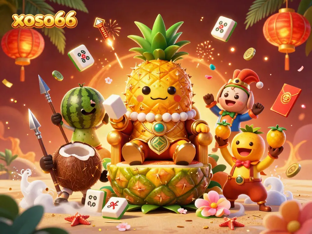 Spin to win with xoso66: an exciting casino scene featuring a pineapple king and tropical elements.