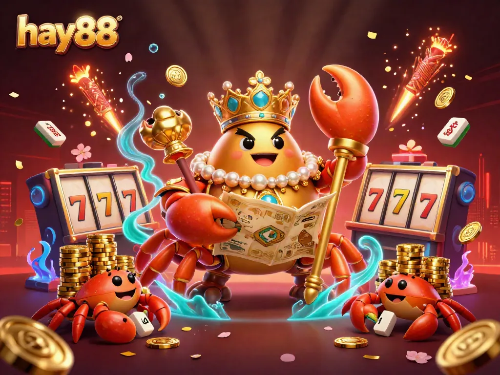 Play slots with hay88 in a vibrant casino scene featuring a golden crab emperor and treasures.