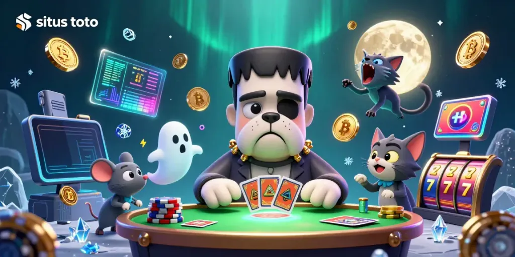 Engaging scene illustrating situs toto with a cartoon bulldog monster and jackpot themes.