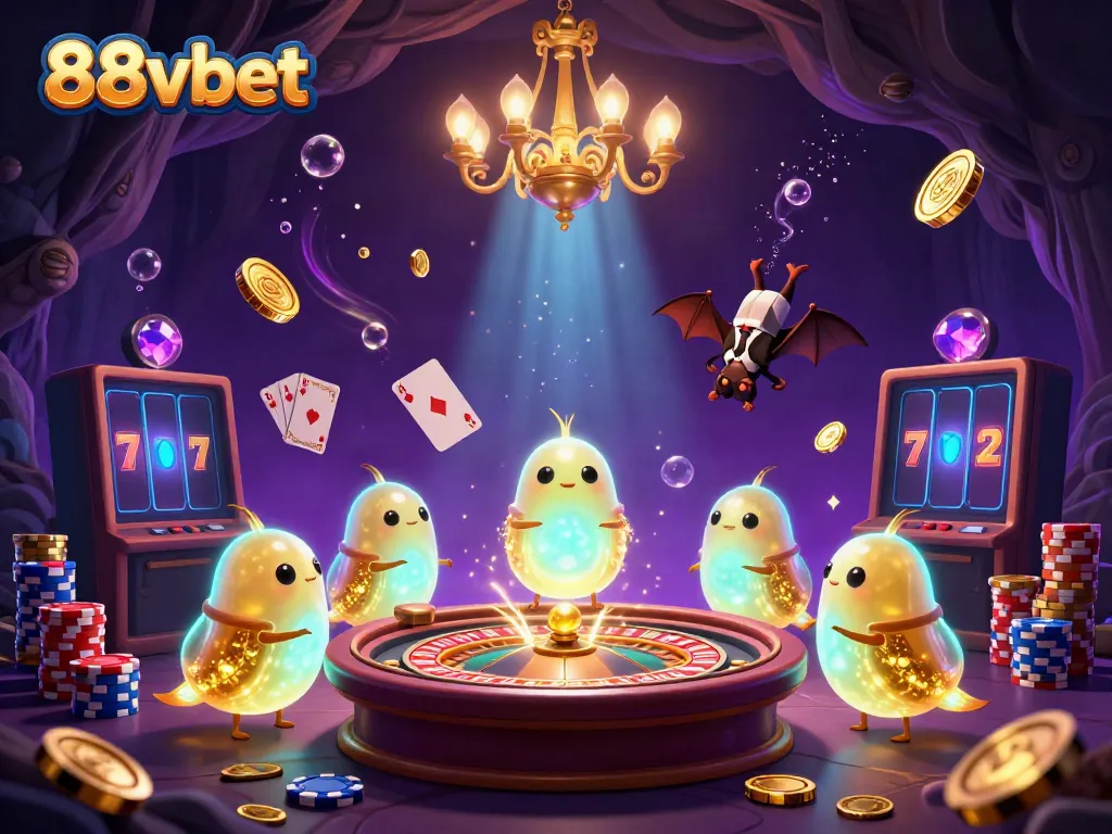 Experience the glowworm-led fun at 88vbet's vibrant casino scene with spinning roulette and golden coins!