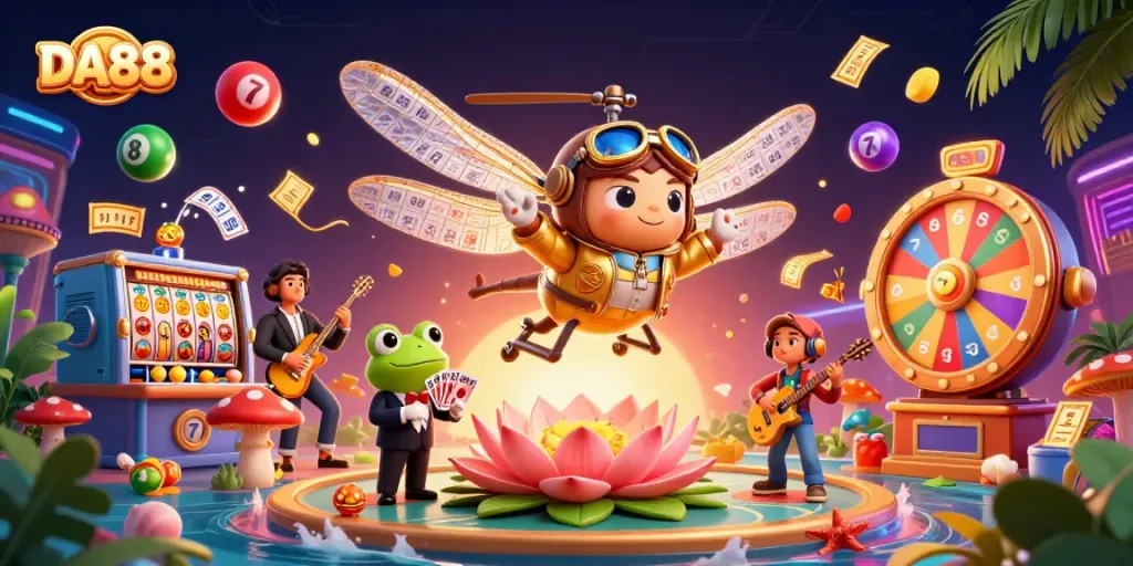 DA88 brings luck with vibrant casino scenes featuring a dragonfly pilot, frog croupier, and jazz musicians.