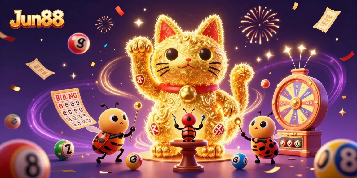 Experience the vibrant excitement at Jun88 as a giant lucky cat and golden fireflies celebrate casino wins!