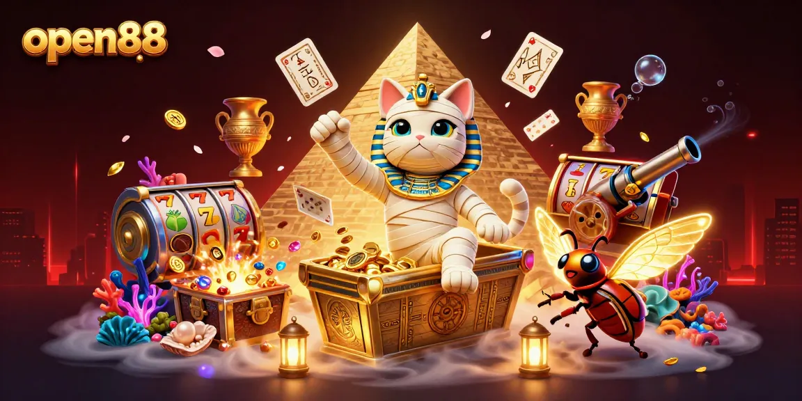 Join the excitement at open88 with the Egyptian mummy cat in this vibrant casino scene!